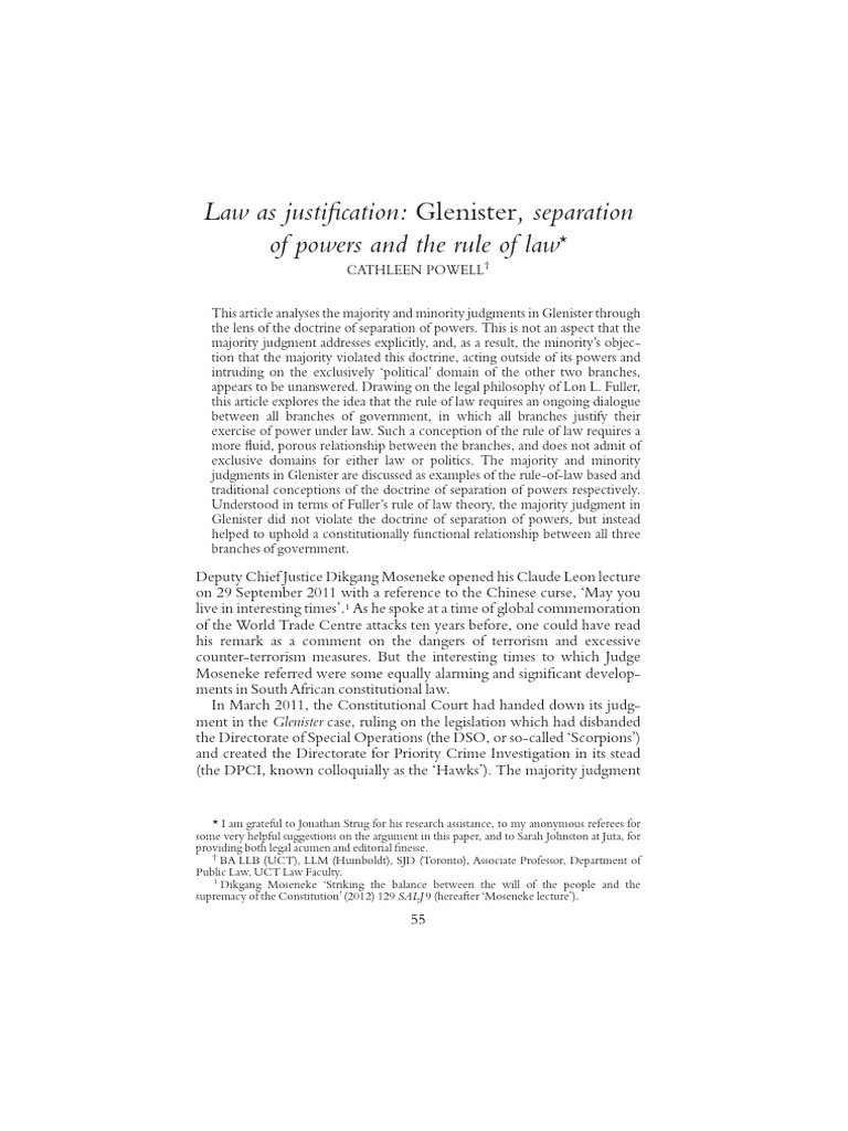 Powell Law As Justification Glenister Separation of Powers and The Rule ...