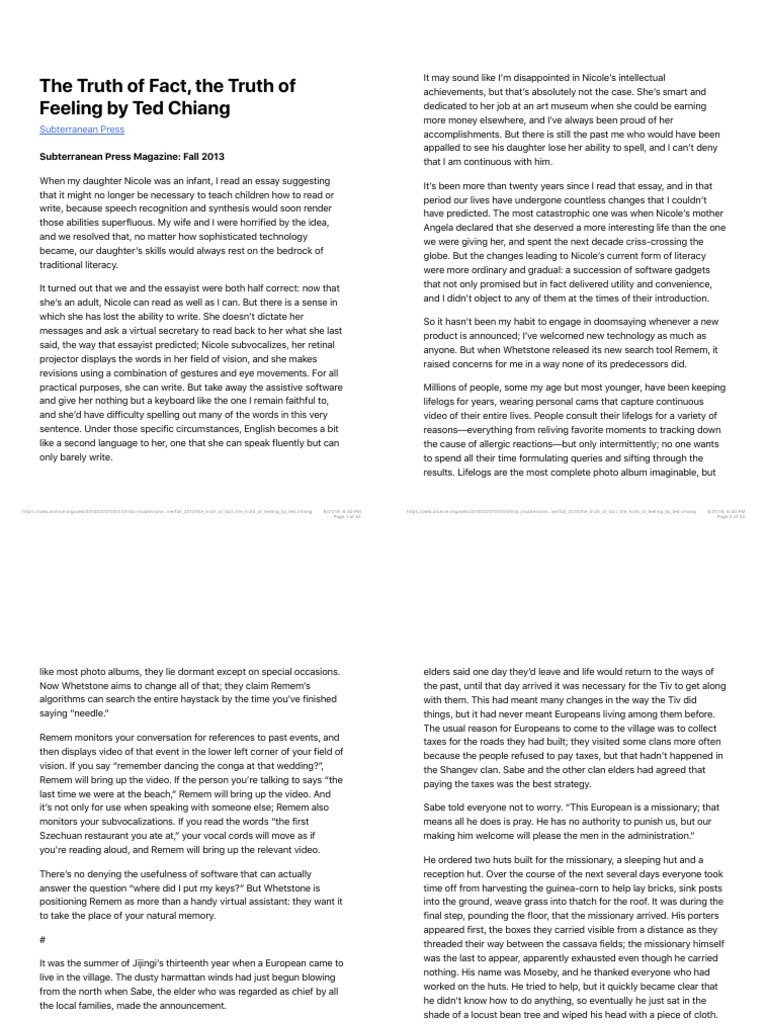 The Truth of Fact, The Truth of Feeling by Ted Chiang - Subterranean ...