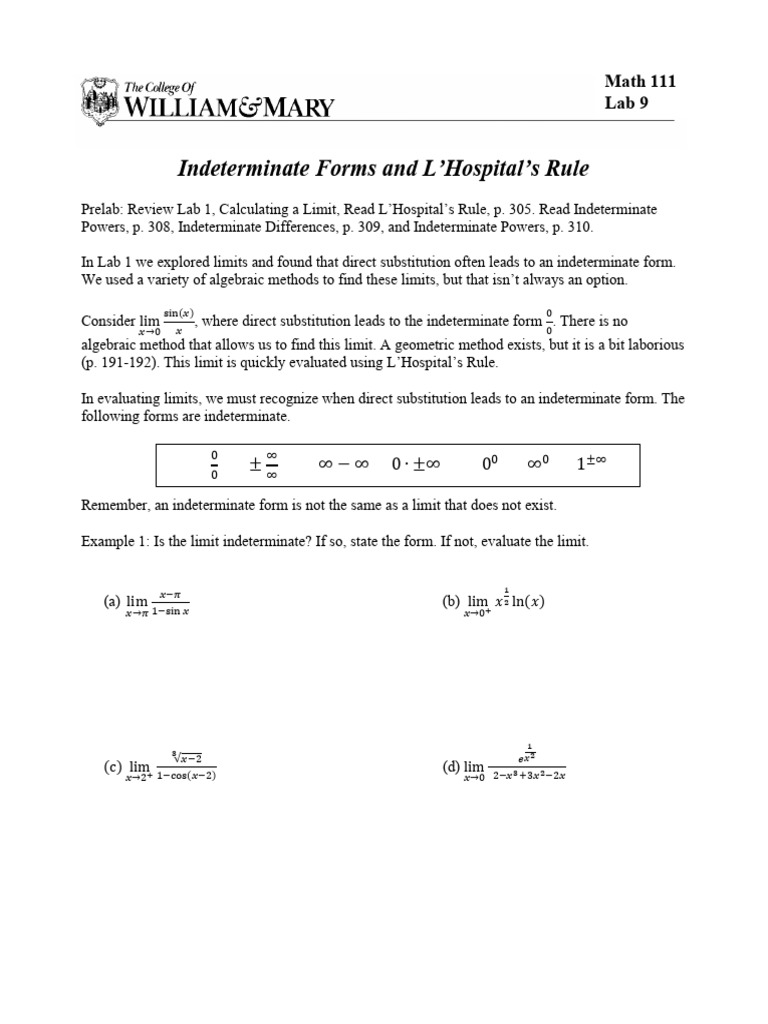 Math 111 f23 Lab 9 Indeterminate Forms1 | PDF | Arithmetic | Algebra