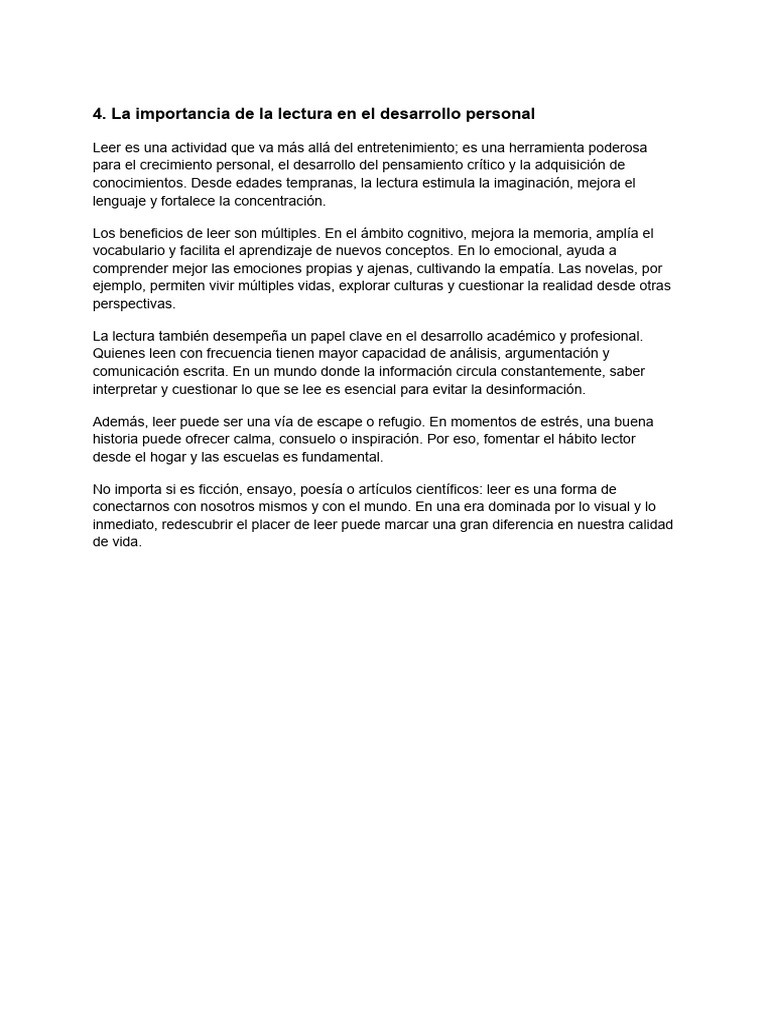 Importancia de la lectura en el desarrollo personal | PDF