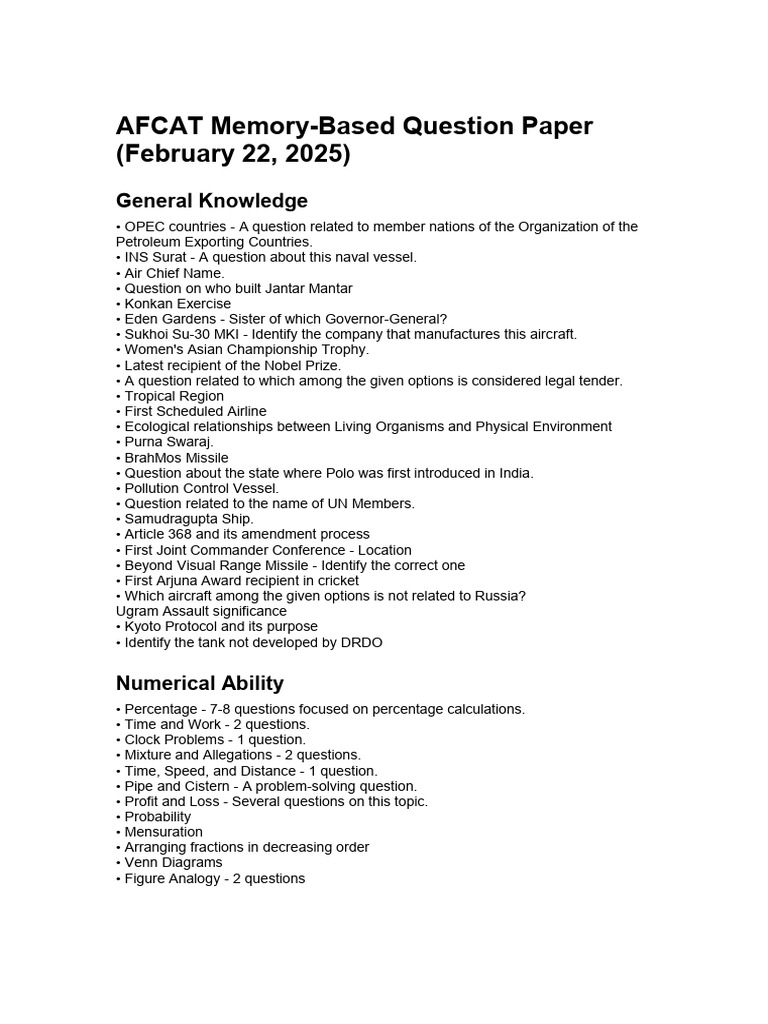 AFCAT 2025 Memory-Based Questions | PDF