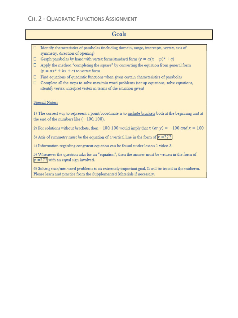 Quadratic Functions Assignment Guide | PDF | Algebra | Mathematical ...