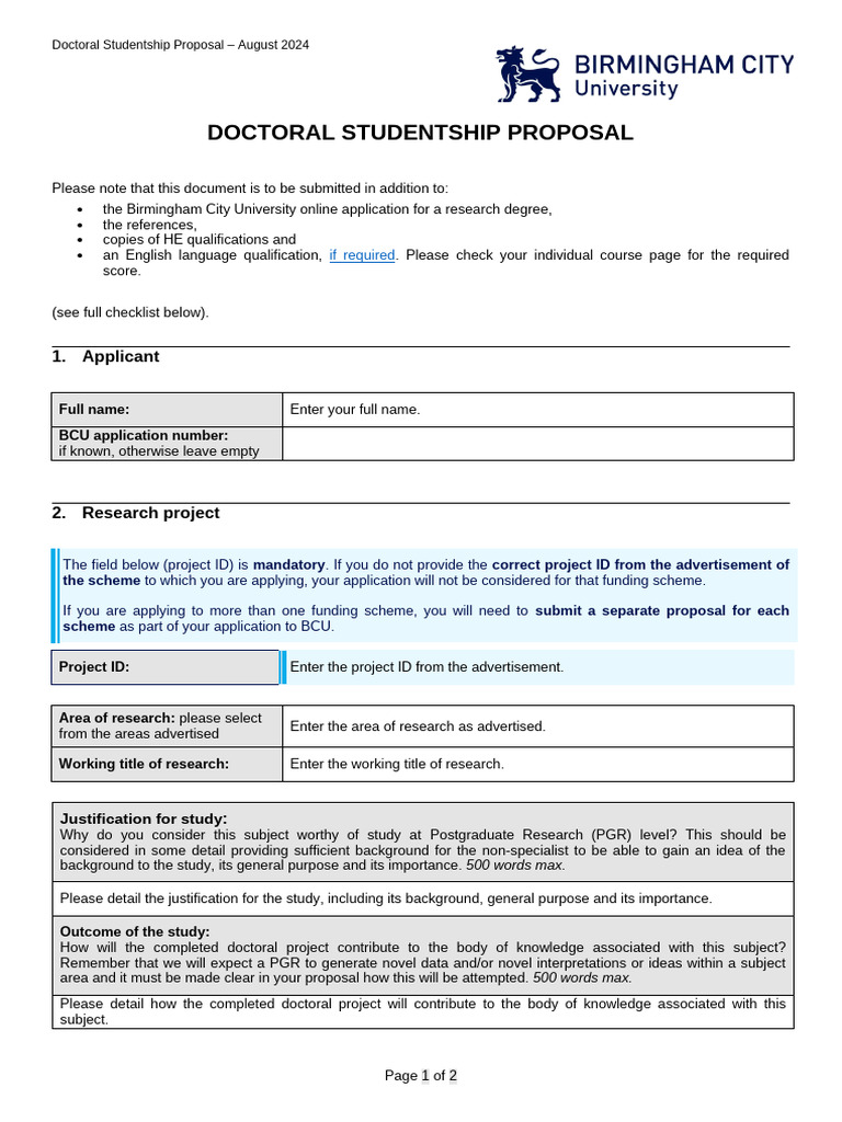 BCU Doctoral Studentship Proposal Guide | PDF