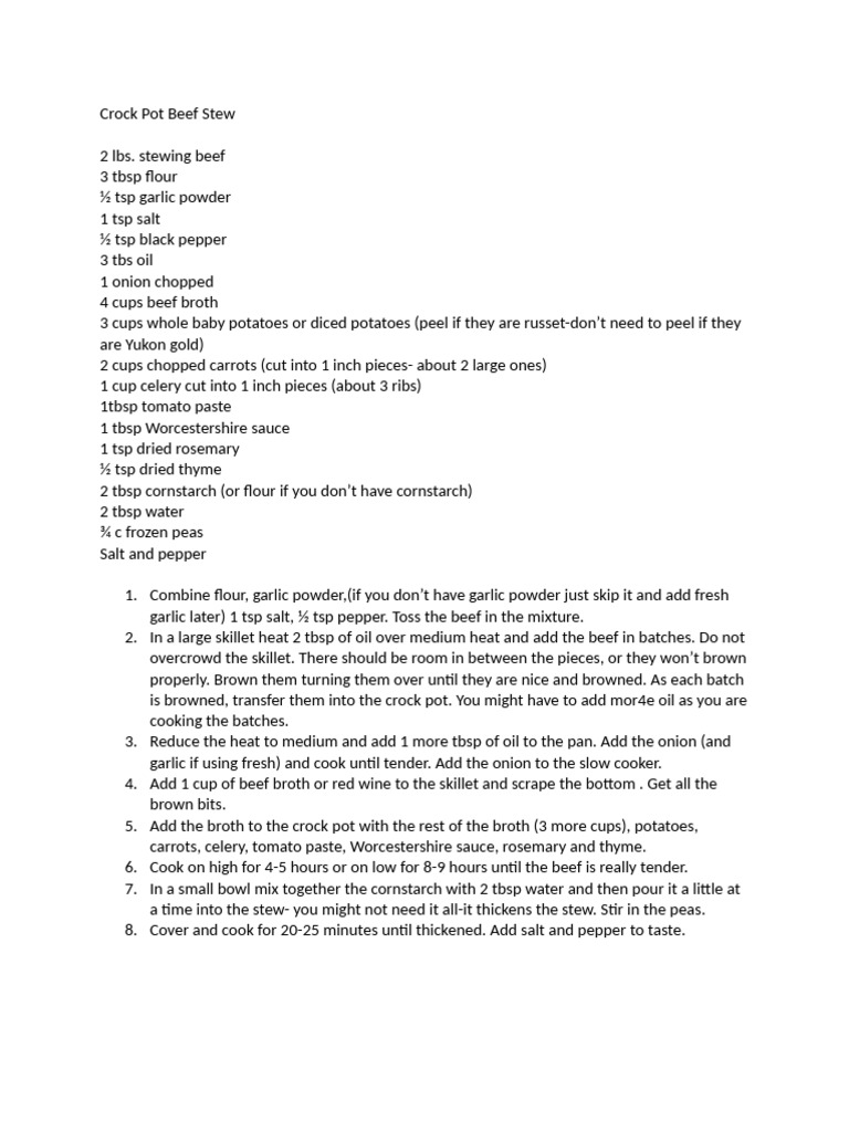 Easy Crock Pot Beef Stew Recipe | PDF