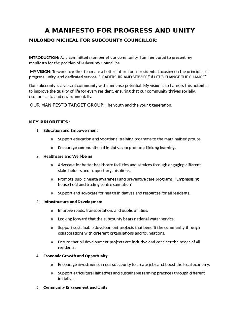 Mulondo Micheal's Unity Manifesto | PDF | Sustainability | Sustainable ...