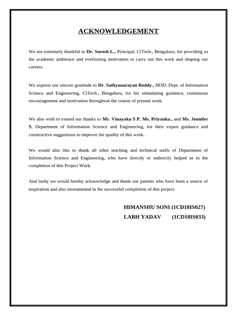 Acknowledgement for Project Completion | PDF