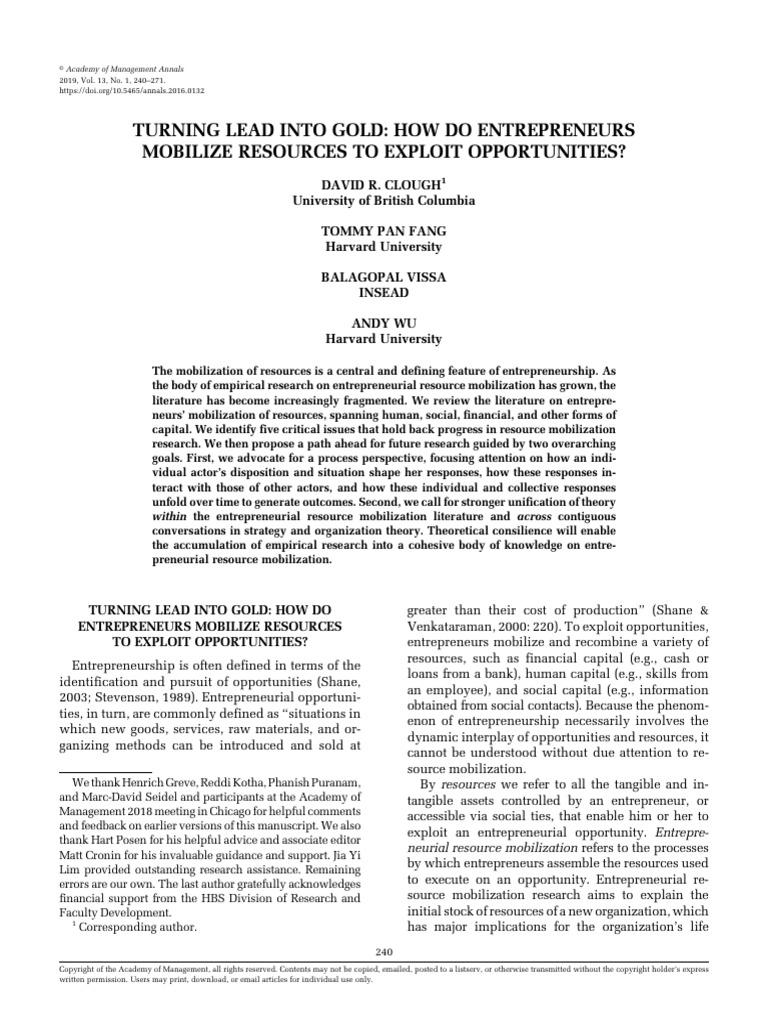 Clough Et Al 2019 Turning Lead Into Gold How Do Entrepreneurs Mobilize ...