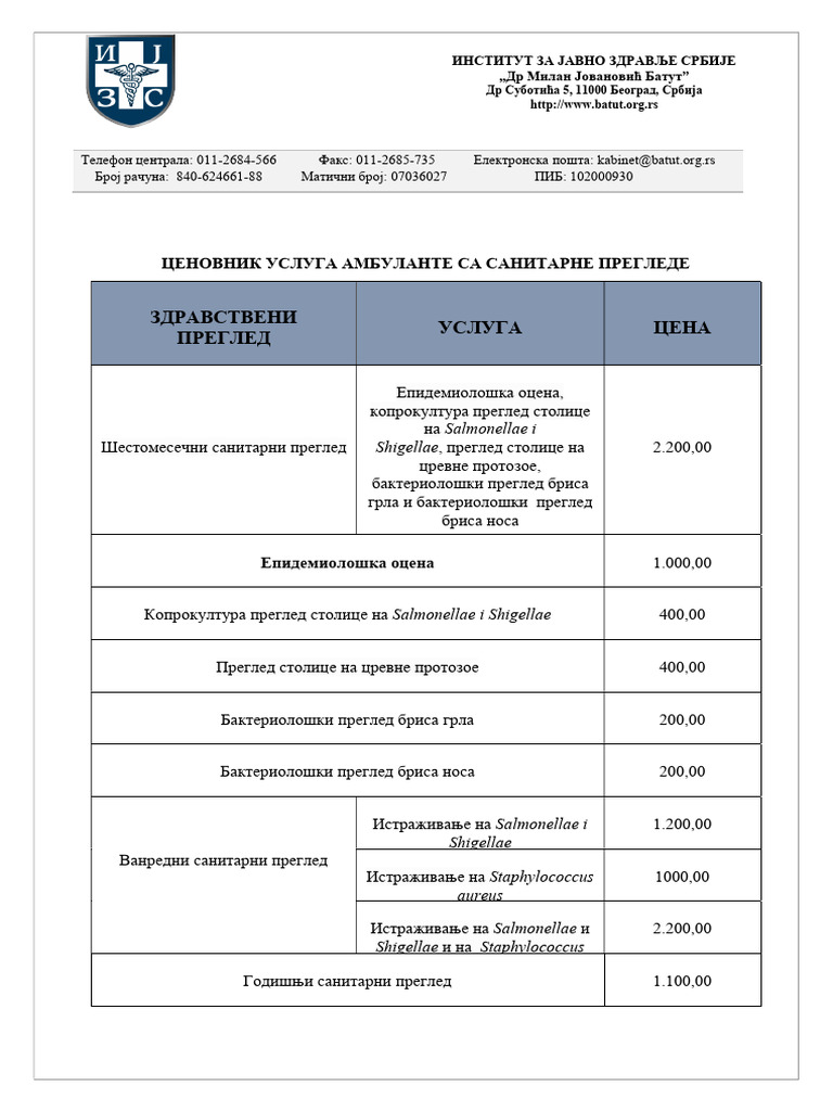 Cenovnik Sanitarni Pregled | PDF