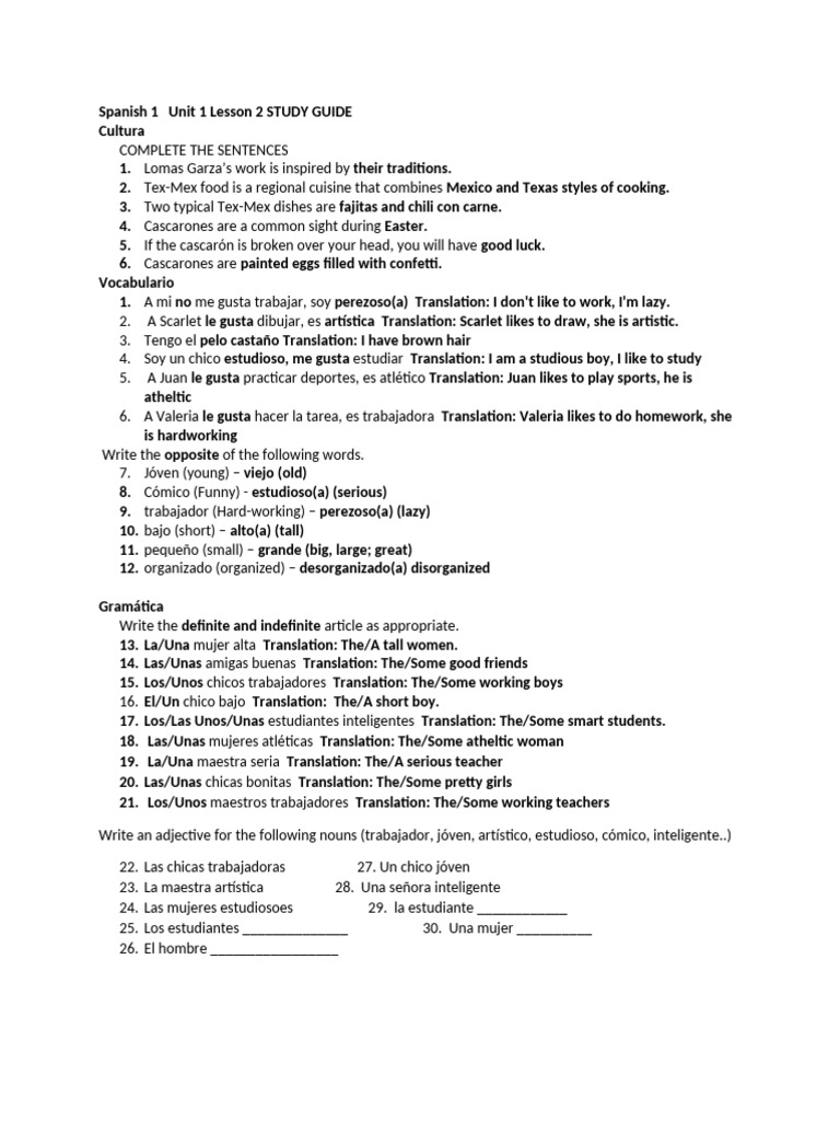 Spanish+1++Unit+1+Lesson+2+STUDY+GUIDE+2024 | PDF | Tex Mex | Linguistics