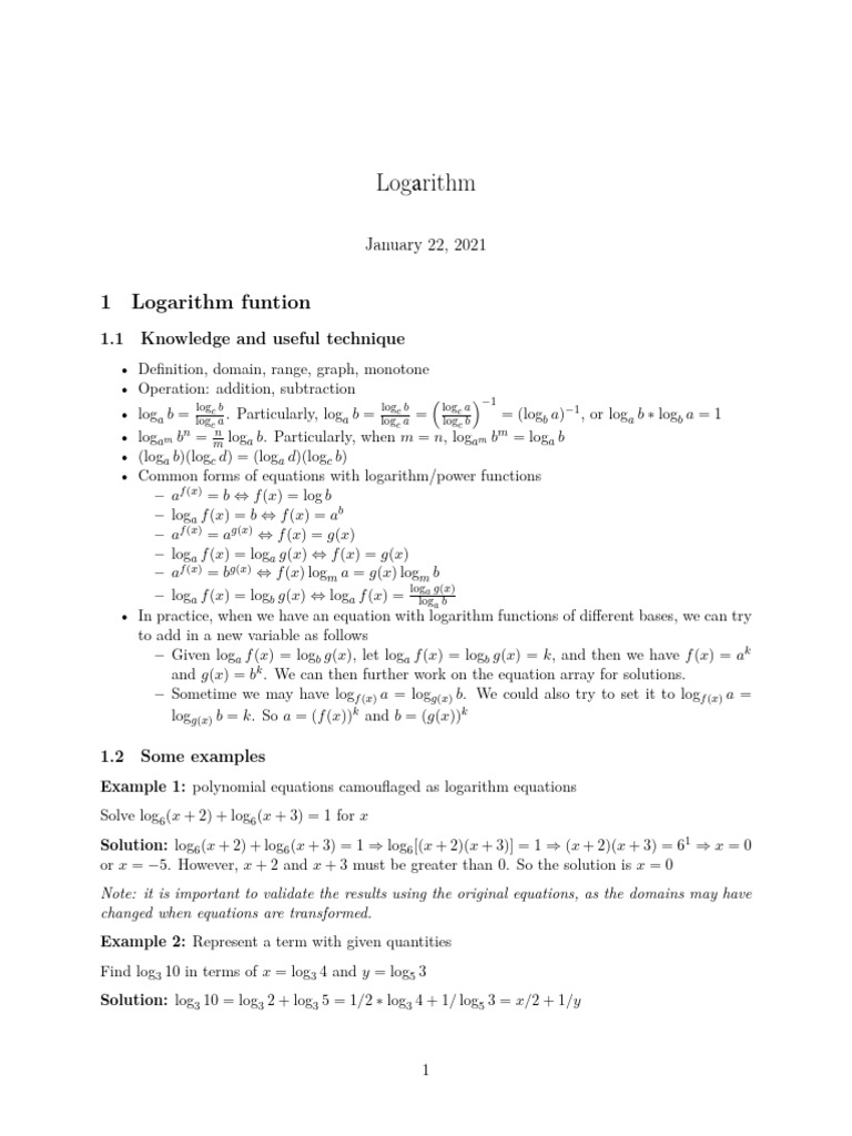 Logarithm Techniques and Examples | PDF | Logarithm | Equations