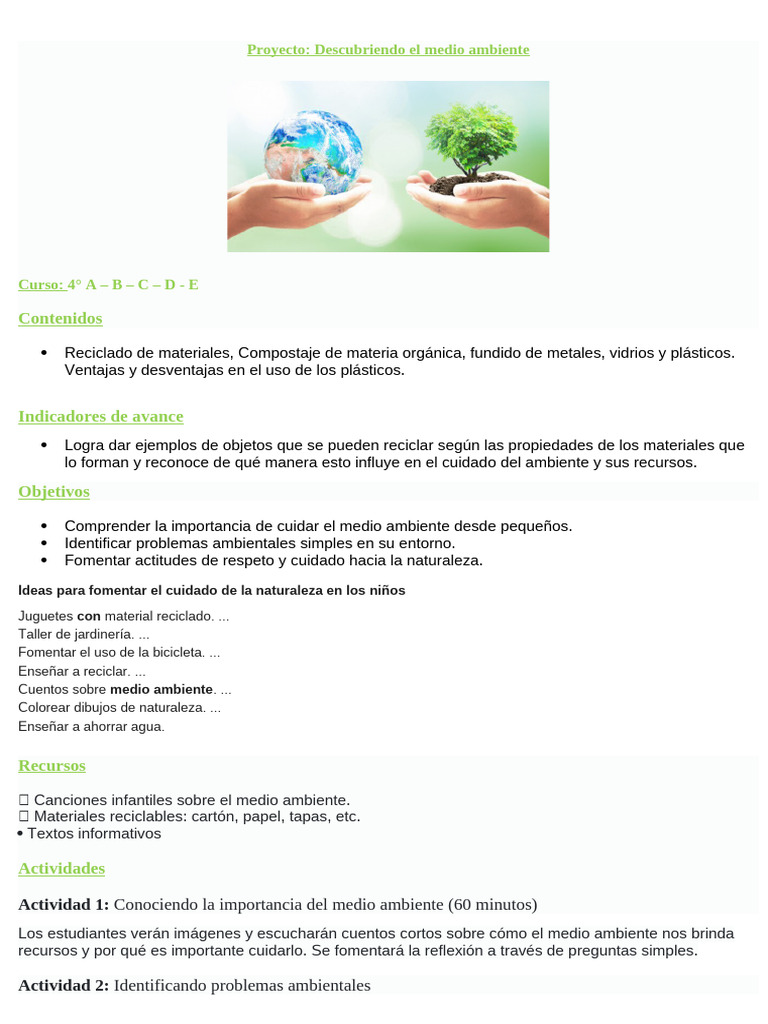 Proyecto: Cuidado del Medio Ambiente Infantil | PDF | Reciclaje ...