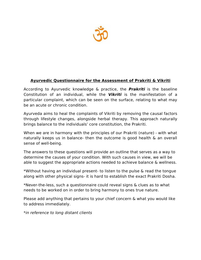 ayurvedic questionnaire 1 Ayurveda Psychology & Cognitive Science