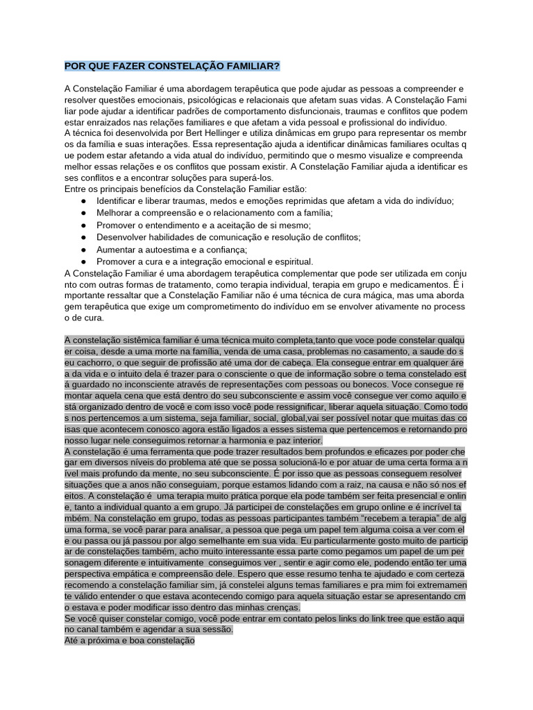 POR QUE FAZER CONSTELAÇÃO FAMILIAR | PDF | Família | Psicoterapia