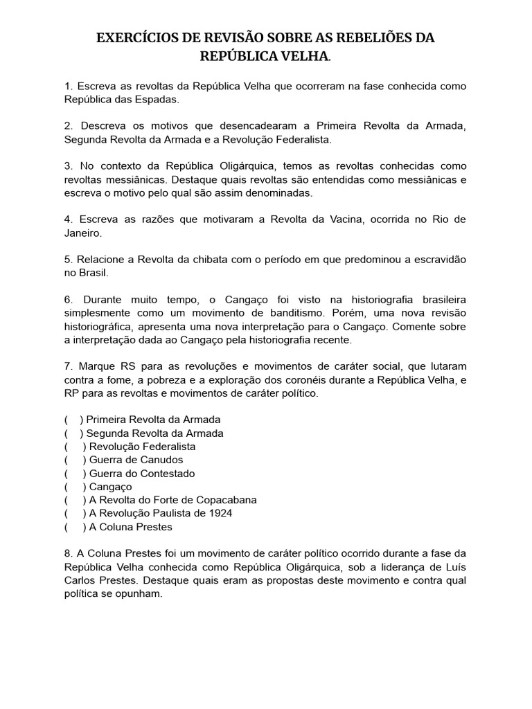 Exercícios sobre Rebeliões da República Velha | PDF