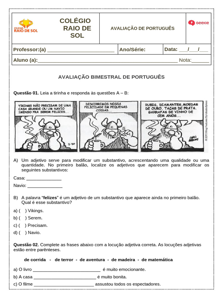 Avaliação de Português 4º Ano | PDF | Linguística | Morfologia linguística