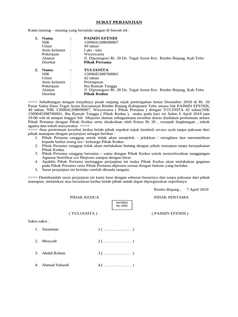 Surat Perjanjian Rujuk Paimin-Yulianita | PDF