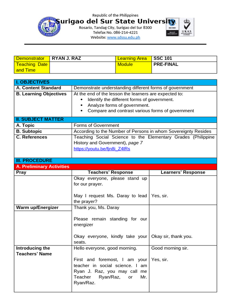 Grade 9 Lesson Plan: Forms of Government | PDF | Government | Monarchy