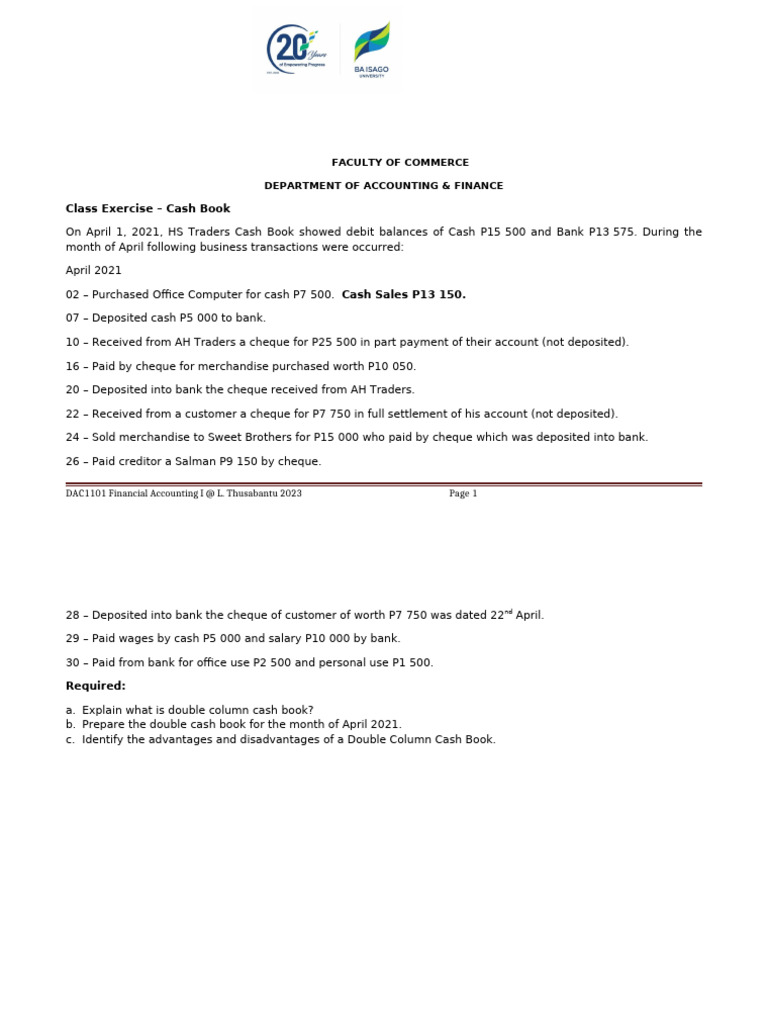 DAC1101 Financial Accounting Exercise On Cash Book 17.02.23 28.08.2024 ...