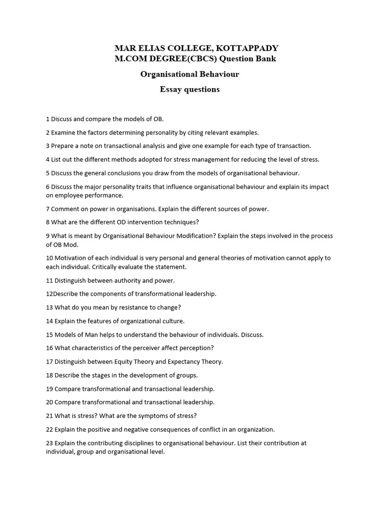 M.Com OB Question Bank | PDF | Organizational Behavior | Leadership