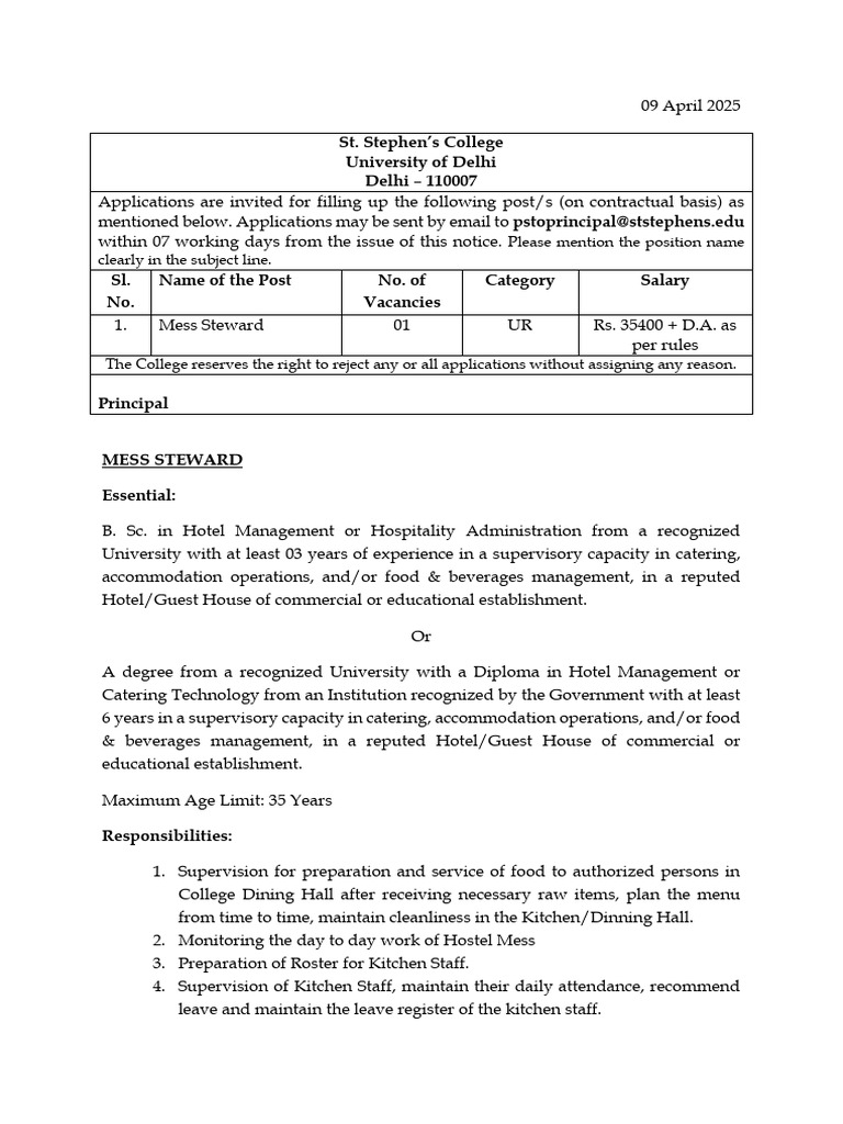 St. Stephen's College Mess Steward Vacancy | PDF