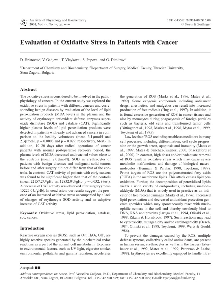 Evaluation of Oxidative Stress in Patients With Cancer | PDF | Reactive ...