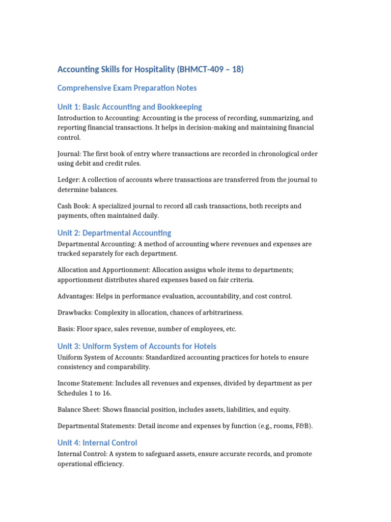 Hospitality Accounting Exam Notes | PDF | Expense | Debits And Credits