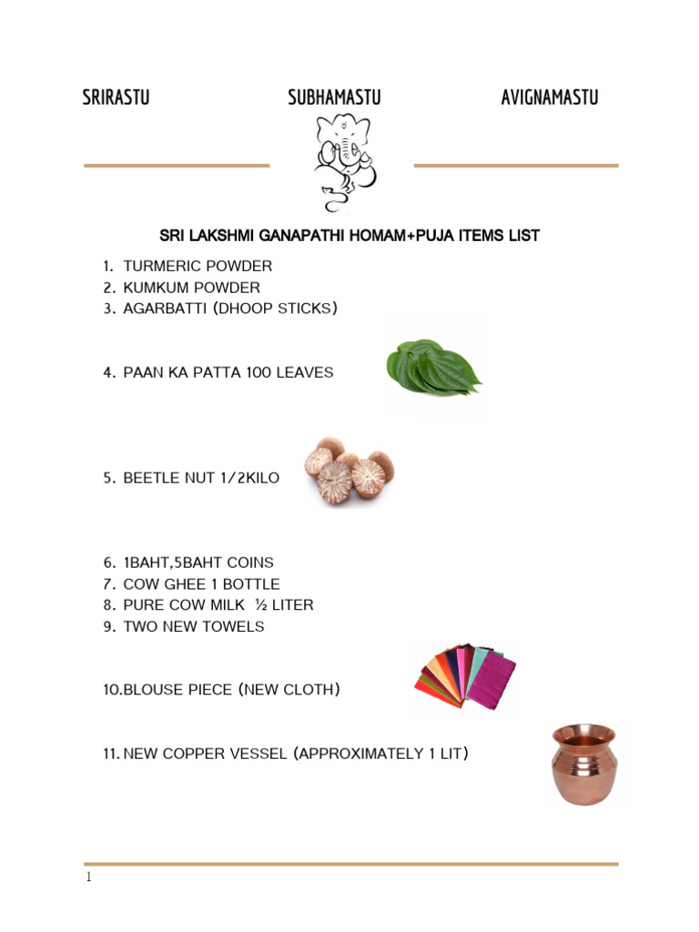 Lakshmi Ganapathi Homam Items List | PDF