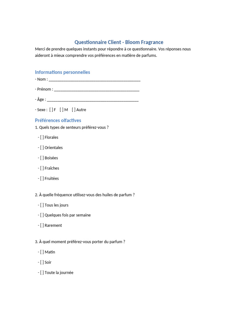 Enquête de Satisfaction Client Parfumerie | PDF