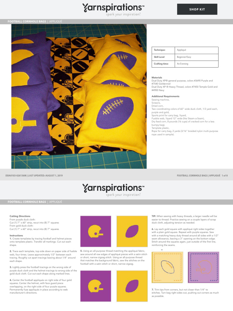 Coats & Clark Sewing Football Cornhole Bags Pattern, Yellow | PDF ...