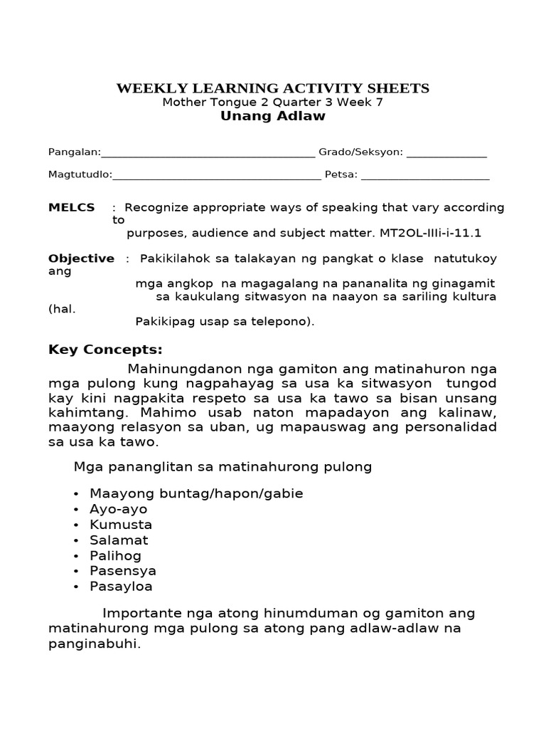 Weekly Learning Activity Sheets: Unang Adlaw | PDF