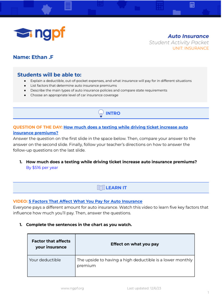 Auto Insurance Activity Packet Guide | PDF | Vehicle Insurance | Insurance