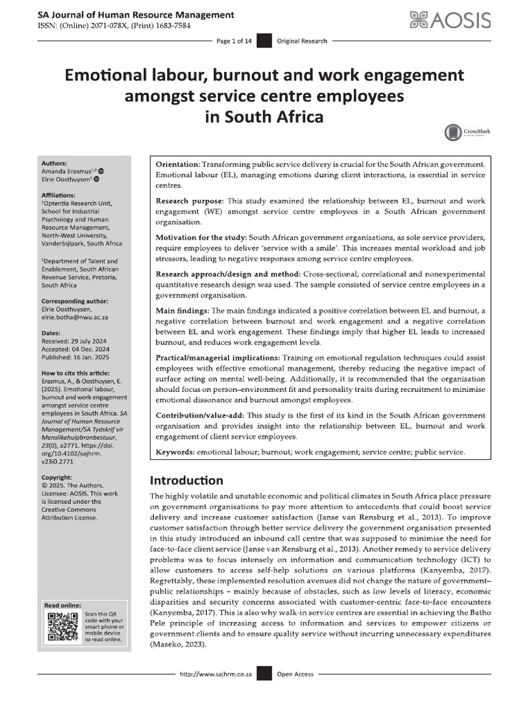 Emotional Labour, Burnout and Work Engagement | PDF