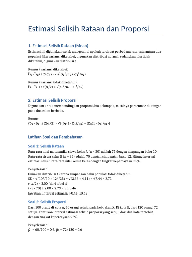 Estimasi Selisih Rataan dan Proporsi | PDF