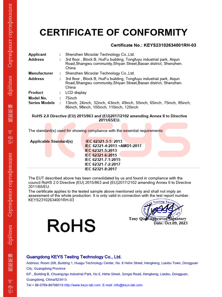 LCD Certification ROHS 2011 - 65 - EU | PDF | Regulation