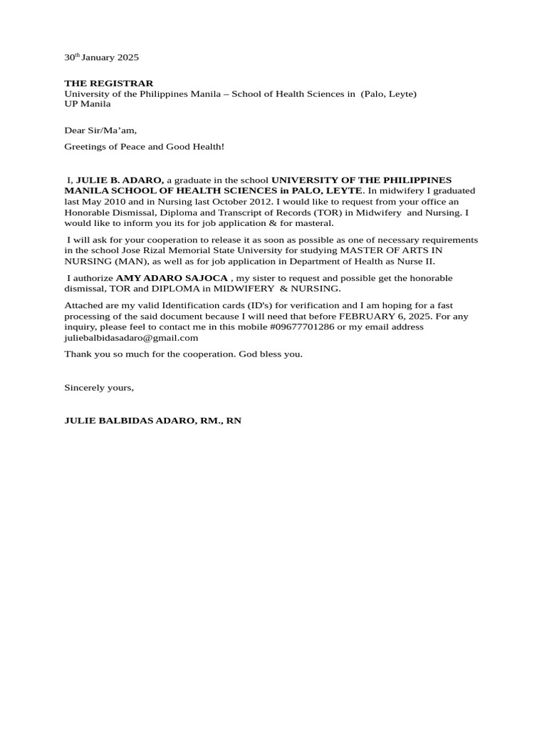 Request for Academic Documents from UP Manila | PDF