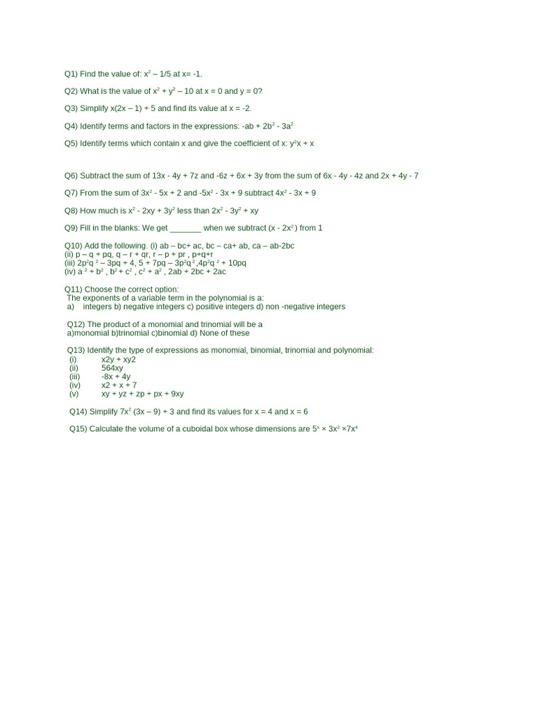 Class 7 Algebraic Expressions Worksheet | PDF