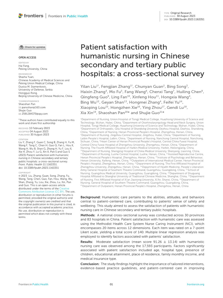 4 Patient Satisfaction With Humanistic Nursing in Chinese Secondary and ...