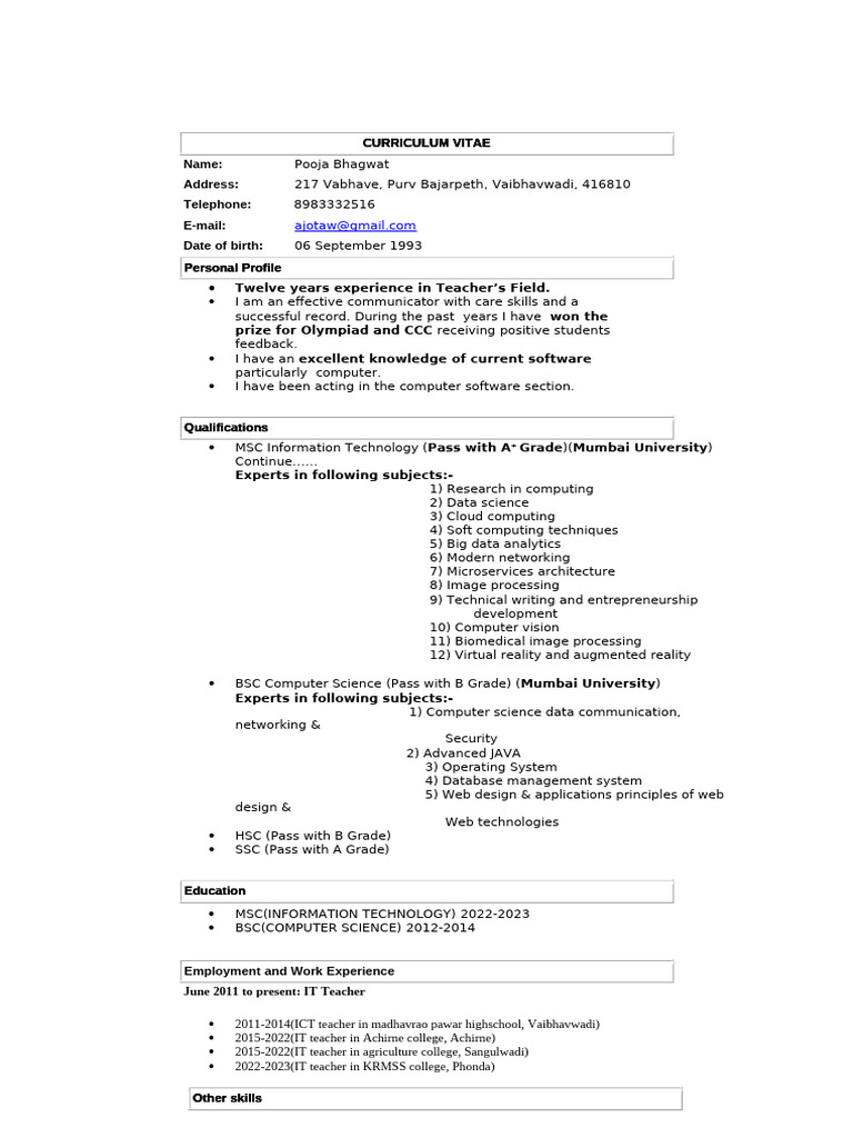 Experienced IT Teacher CV | PDF | Computing | Information Technology