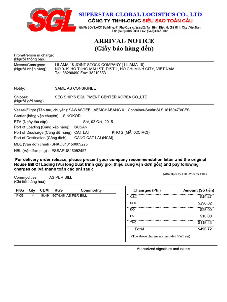 RPT Arrival Notice | PDF