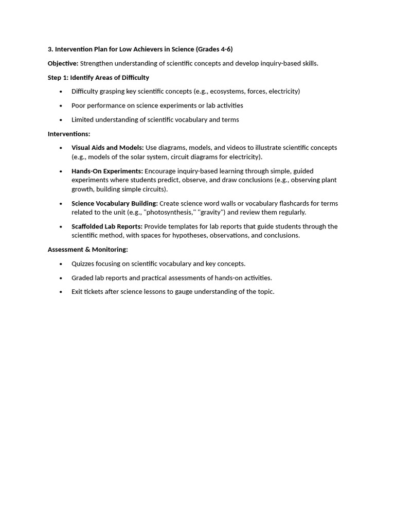 Intervention Plan for Science Low Achievers | PDF
