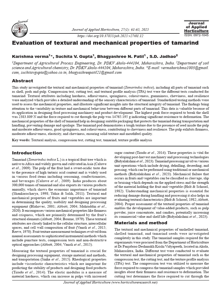 Evaluation of Textural and Mechanical Properties of Tamarind | PDF ...