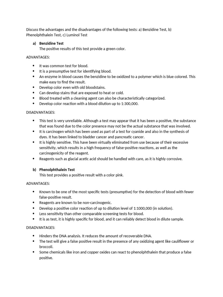 Blood Detection Test Comparisons | PDF | Chemical Substances