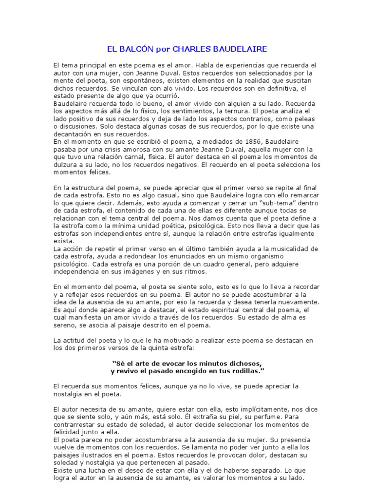 Baudelaire El Balcon PDF Charles Baudelaire Poesía — free download