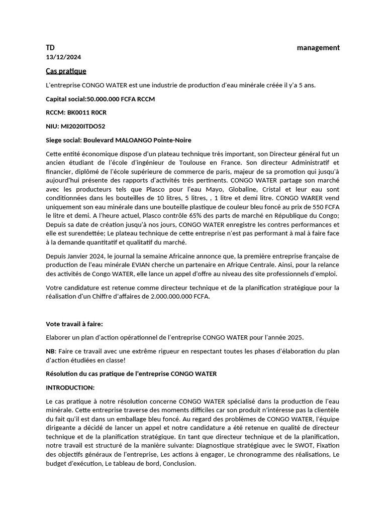 Plan d'action pour relancer CONGO WATER | PDF | Business | Planification