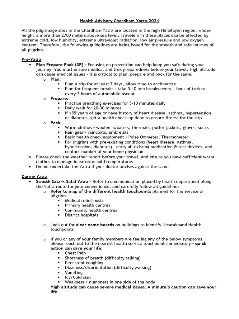 Chardham Yatra 2024 Health Guidelines | PDF | Hypertension | Clinical ...