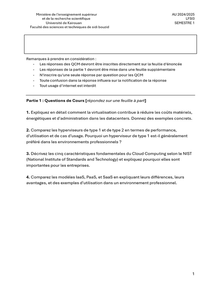 Examen Cloud Computing et Virtualisation | PDF | Cloud computing ...