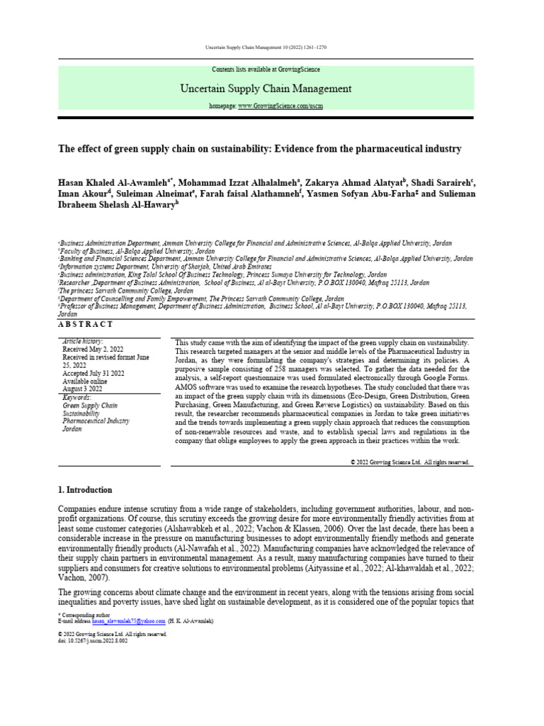 The Effect of Green Supply Chain On Sustainability - Evidence From The ...