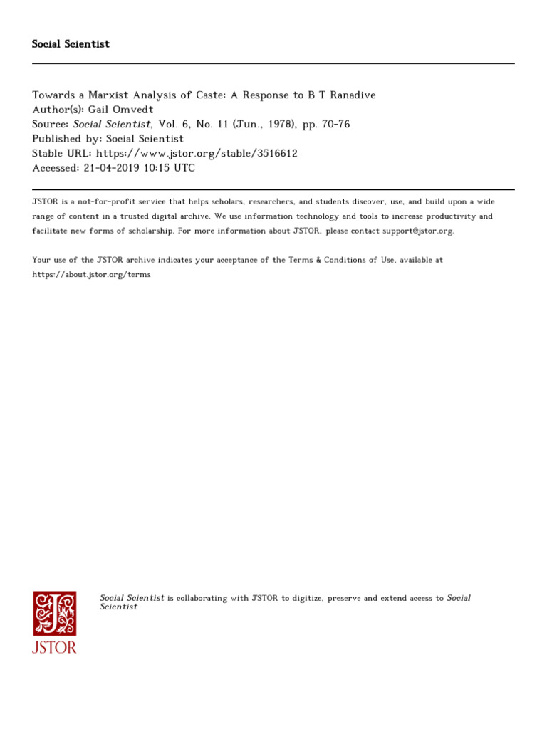 Towards A Marxist Analysis of Caste A Response To B T Ranadive | PDF ...