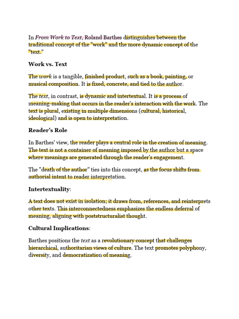 Barthes: Work vs. Text Explained | PDF | Traditions | Liberal Arts ...