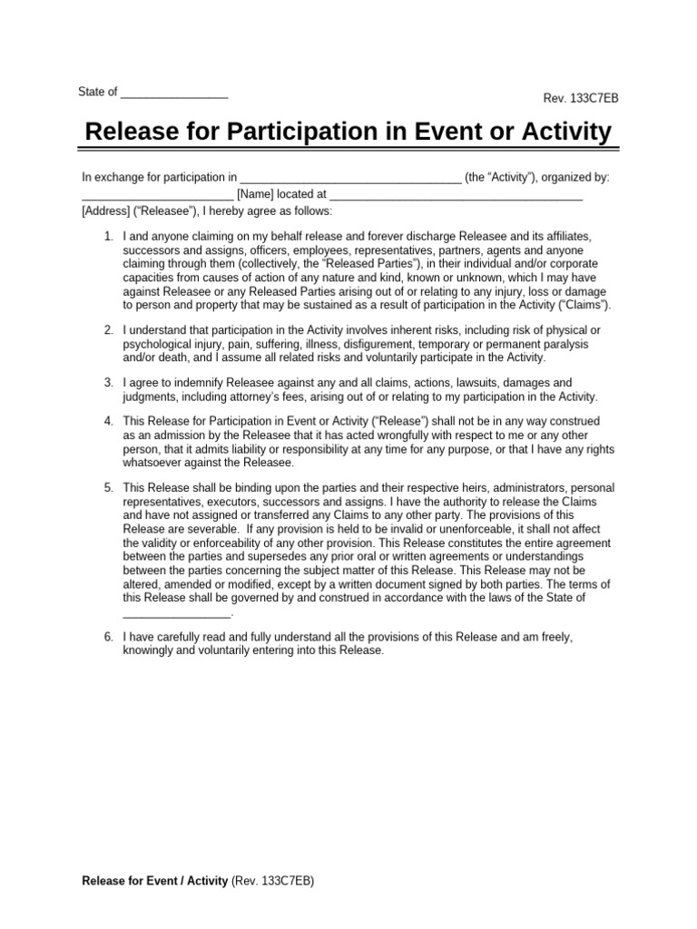 Event Participation Release Form | PDF | Common Law | Justice